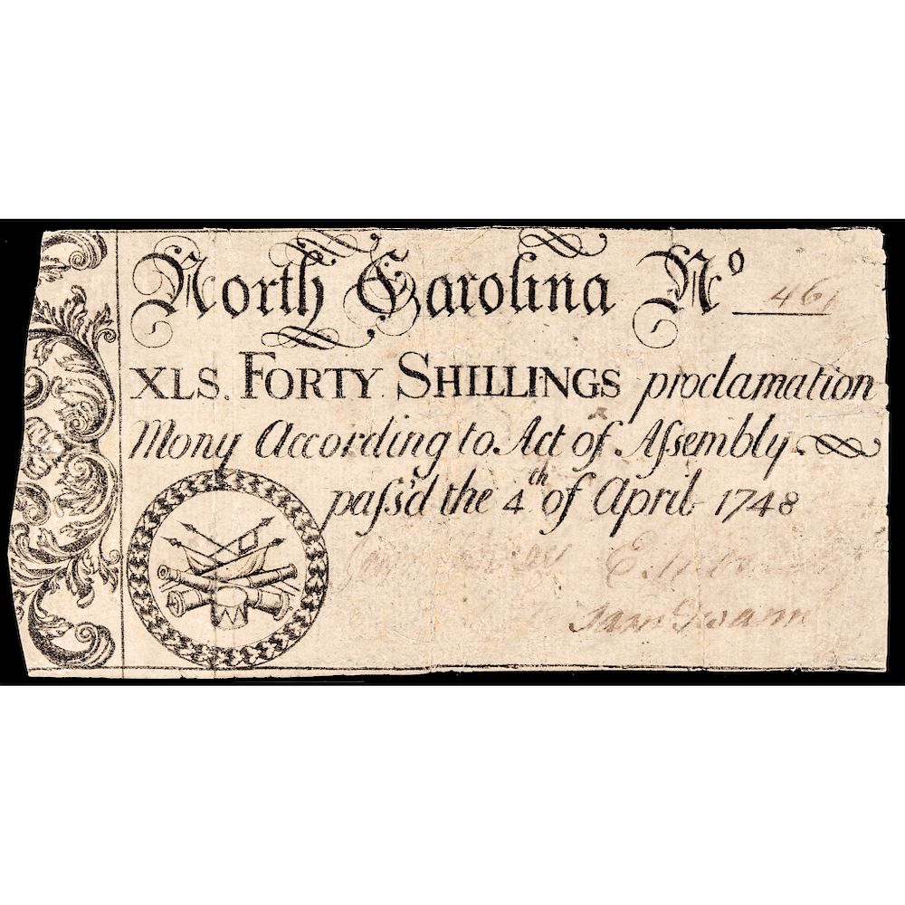 Appraisal: Colonial Currency North Carolina April Shillings Drum Cannon Flags North