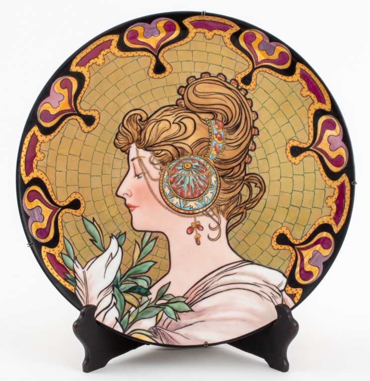 Appraisal: AFTER ALPHONSE MUCHA LA PLUME PORCELAIN CHARGER After Alphonse Mucha