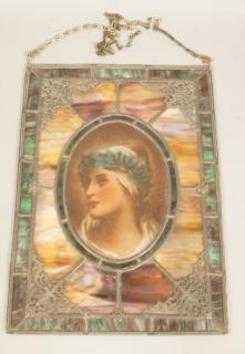 Appraisal: Leaded Stained Glass Portrait Window Hanging Tex Leaded Stained Glass