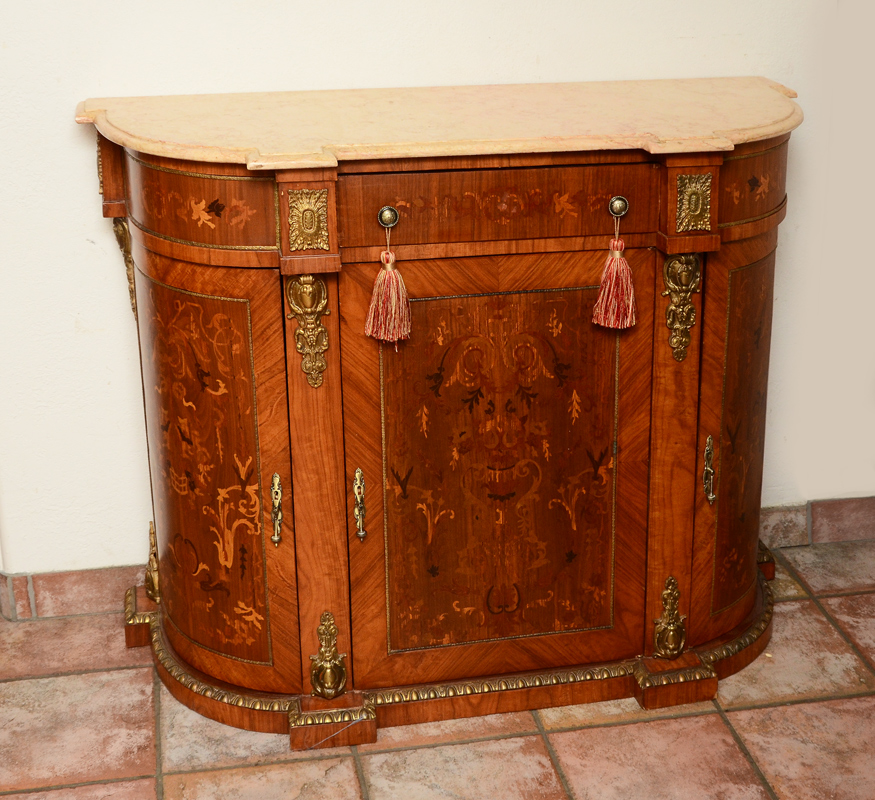 Appraisal: MARBLE TOP ORMOLU MOUNTED INLAID CREDENZA Shaped marble top marquetry