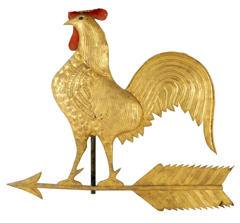 Appraisal: GILT PAINTED METAL ROOSTER WEATHERVANEProvenance The Estate of Barbara Beretich