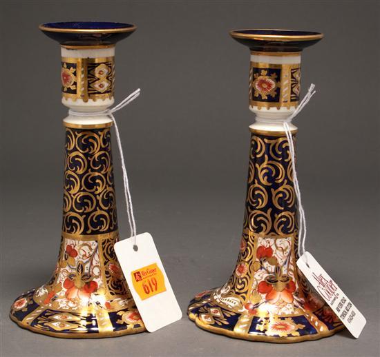 Appraisal: Pair of Crown Derby china Imari pattern candlesticks th century