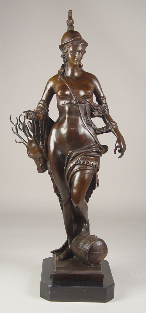 Appraisal: Bronze of Semi-Nude Woman After N Carrier With deer skin