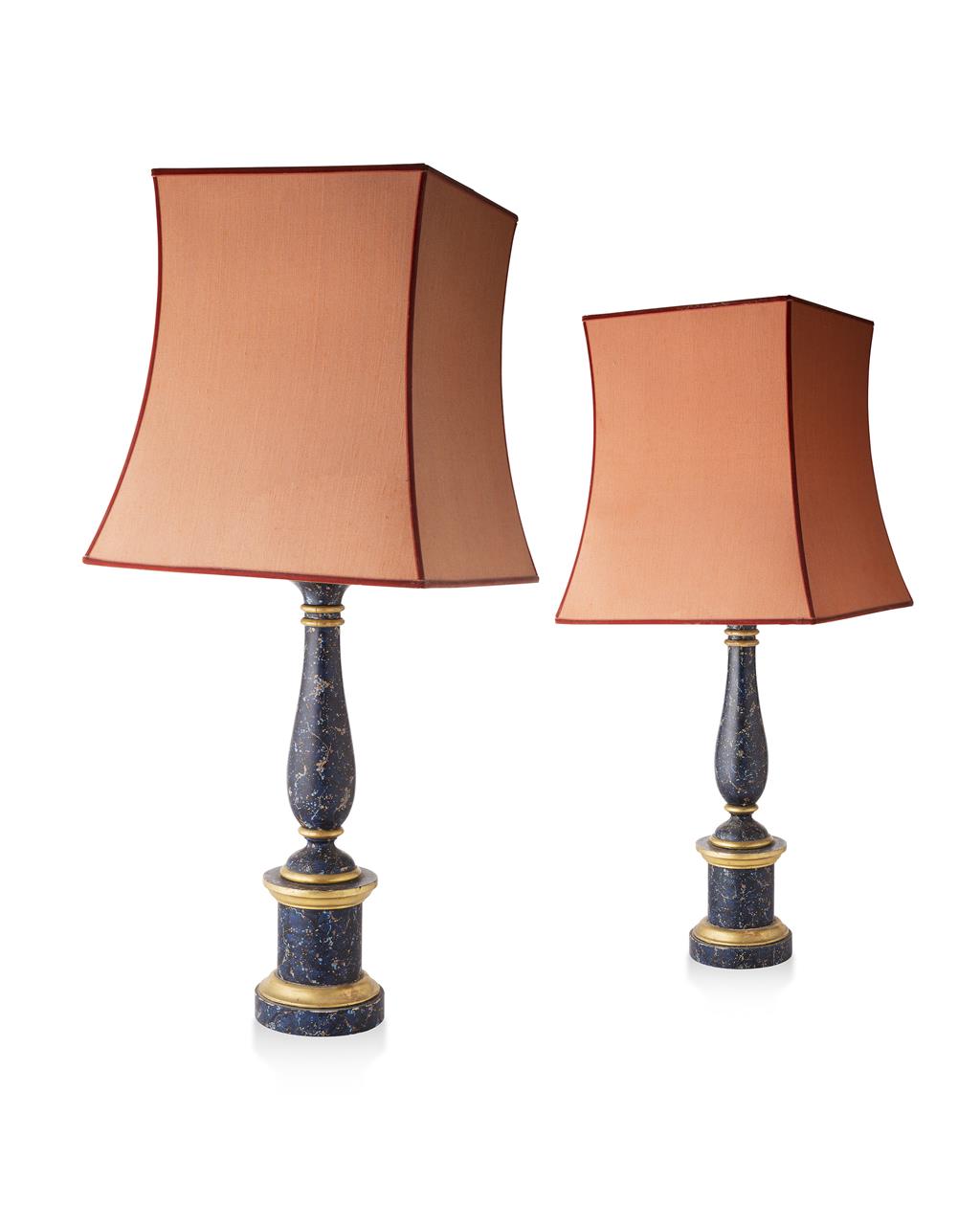 Appraisal: PAIR OF PAINTED WOOD LAMPS each knopped baluster column raised