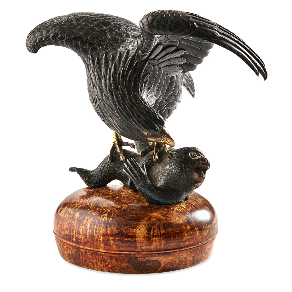 Appraisal: BRONZE OKIMONO OF A FALCON ATTACKING A MONKEY SIGNED ISSEI