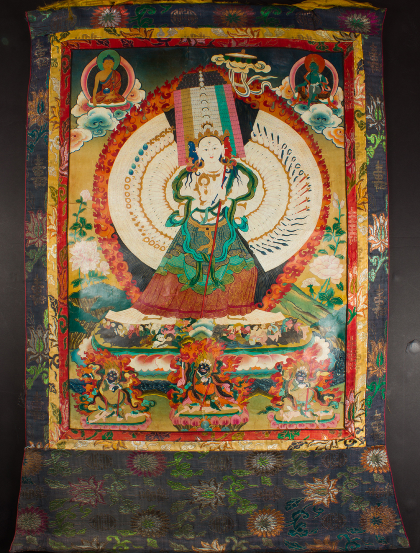 Appraisal: TIBETAN PAINTED THANGKA Tibetan painted thangka depicting the multi-head and