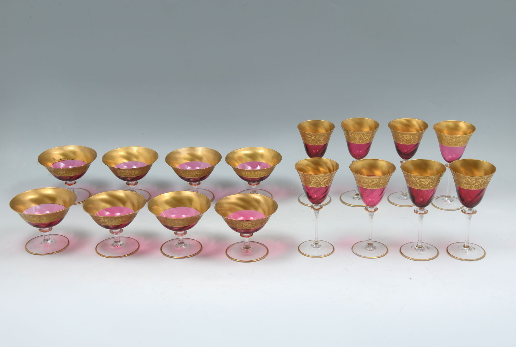 Appraisal: PC GOLD RIMMED CRANBERRY GLASS Comprising tall cordials sherberts All