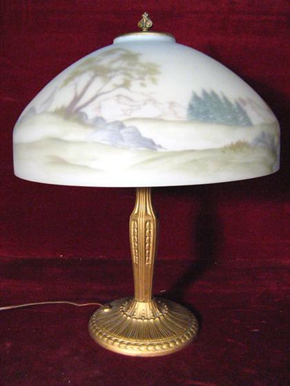 Appraisal: Reverse painted glass lampshade and gilt metal lamp base th