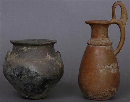 Appraisal: EARLY PERSIAN TERRACOTTA JUG WITH HANDLE TOGETHER WITH A GRAYWARE