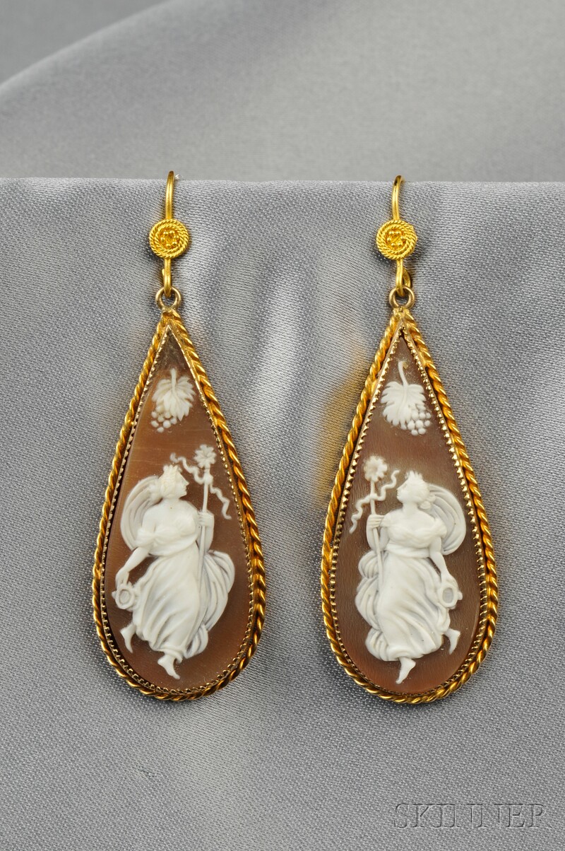 Appraisal: Antique Shell Cameo Earpendants each drop depicting a dancing Bacchante