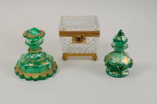 Appraisal: Small Glass Box Two Cut Glass Perfume Bottles Small glass