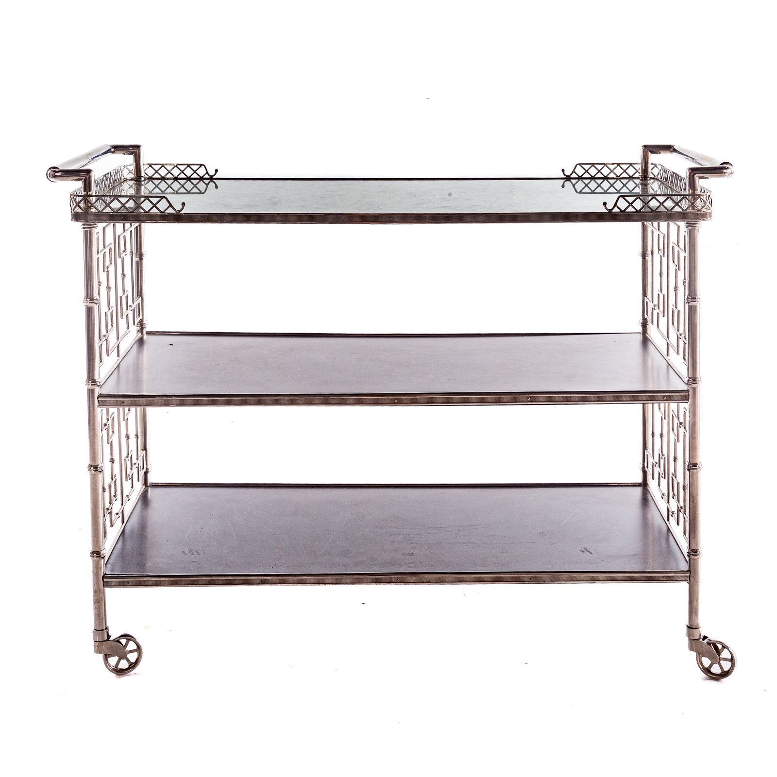 Appraisal: THEODORE ALEXANDER CHEERS BAR PUB CART Stainless steel three shelf