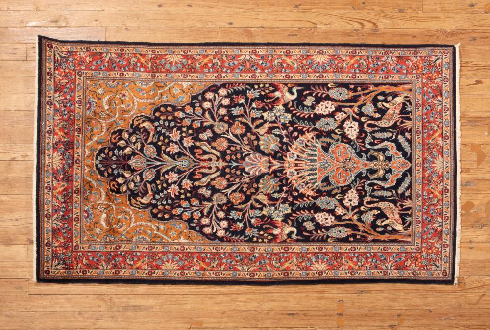 Appraisal: PERSIAN KASHAN PRAYER RUGPersian Kashan Prayer Rug navy and gold