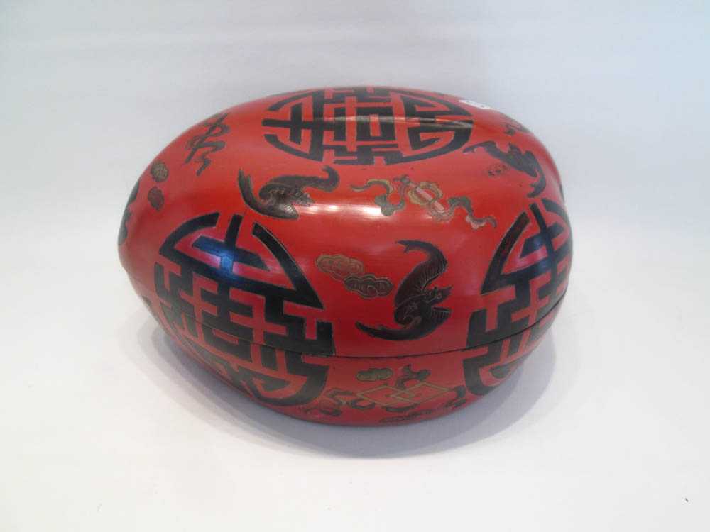 Appraisal: CHINESE RED LACQUER LIDDED BOX in a peach form decorated