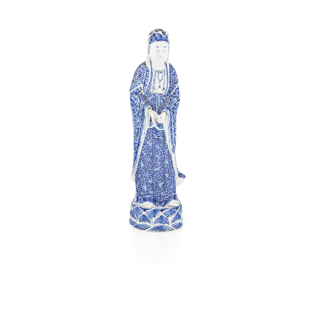 Appraisal: LARGE BLUE AND WHITE FIGURE OF GUANYIN her voluminous robes