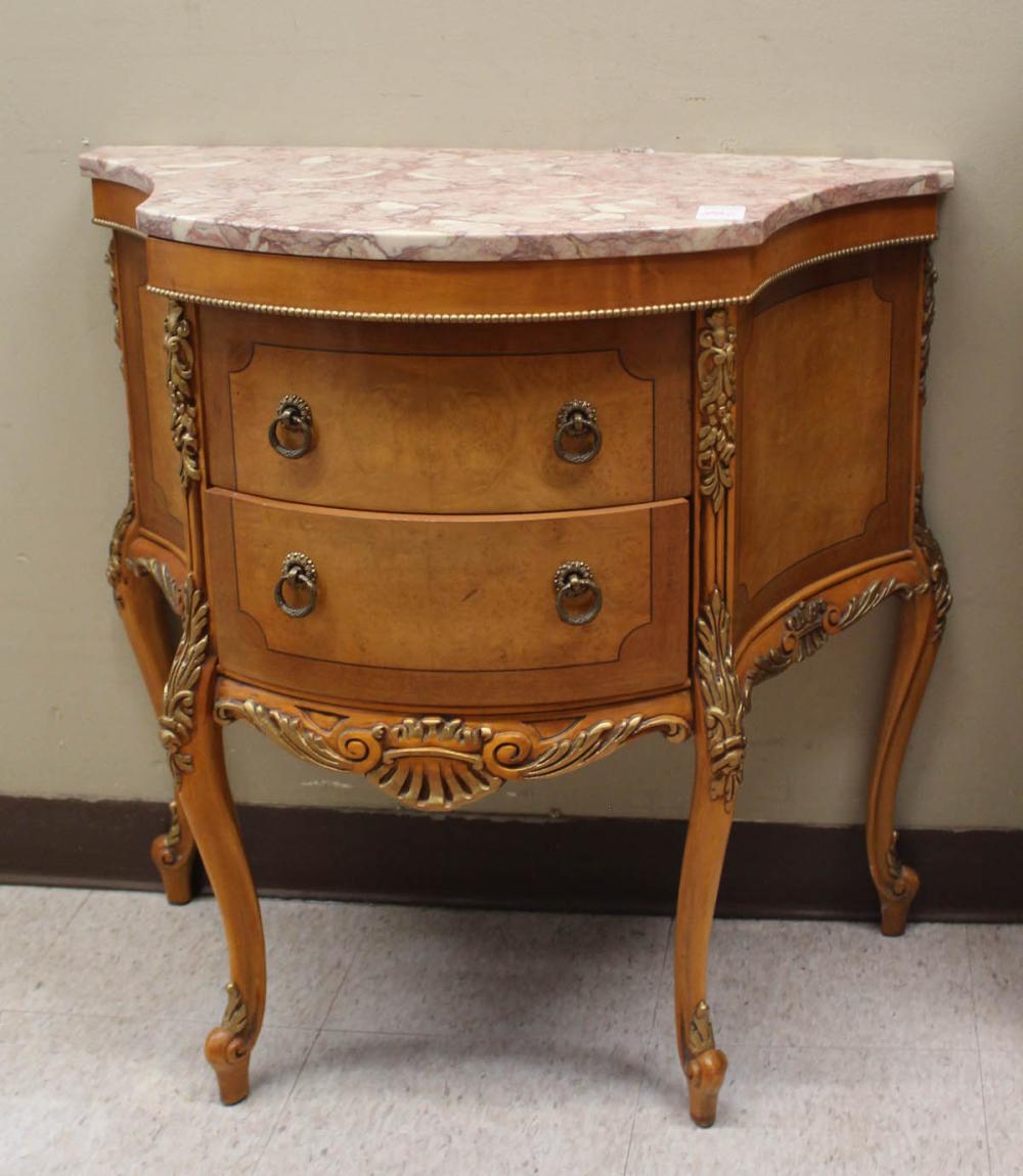 Appraisal: LOUIS XV STYLE MARBLE-TOP PETITE COMMODE Mulano Furniture Co Chicago