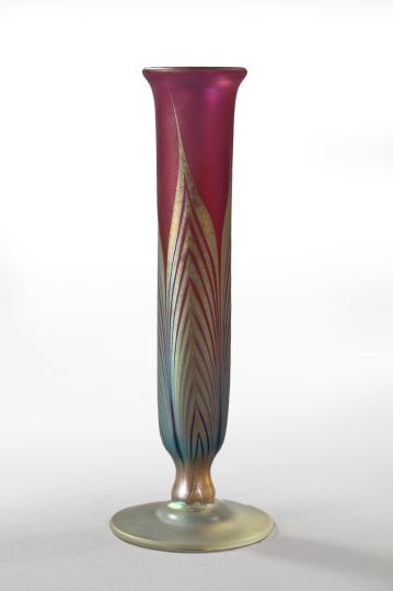 Appraisal: Attractive Correia Glass California Iridescent Footed Bud Vase in Feather