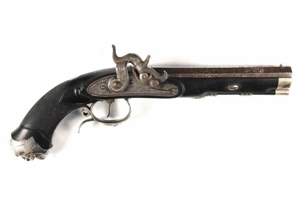 Appraisal: GENTLEMAN'S PISTOL - th c percussion fired ebony and silver