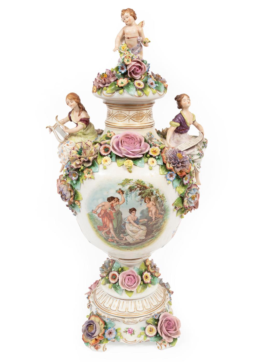 Appraisal: MEISSEN-STYLE PORCELAIN COVERED URNLarge Meissen-Style Polychrome and Gilt Porcelain Covered