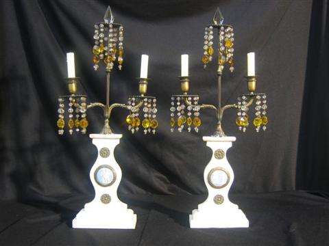 Appraisal: PAIR OF UNUSUAL TWO- LIGHT LUSTRES Comprised of a flat-backed