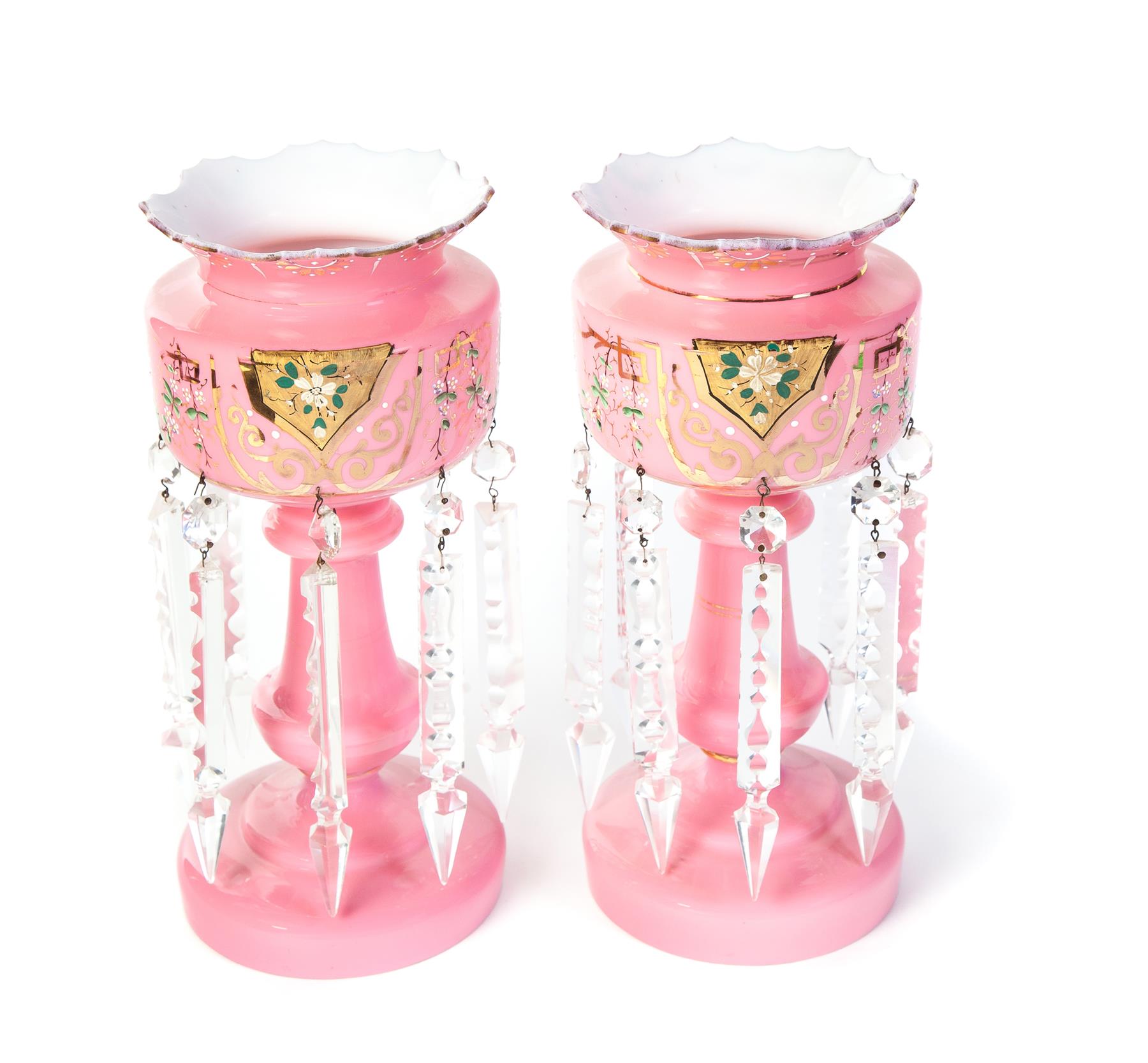 Appraisal: PAIR OF PINK GLASS BRISTOL LUSTRES American th quarter- th