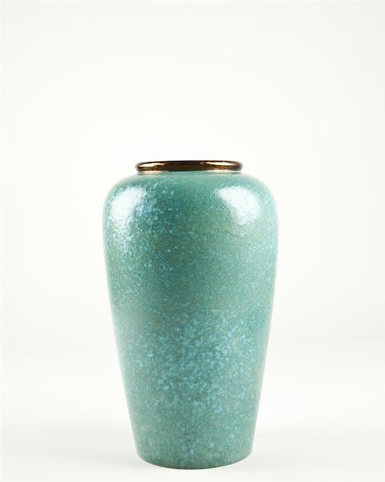 Appraisal: West Germany Large Green Floor Vase with copper lip H