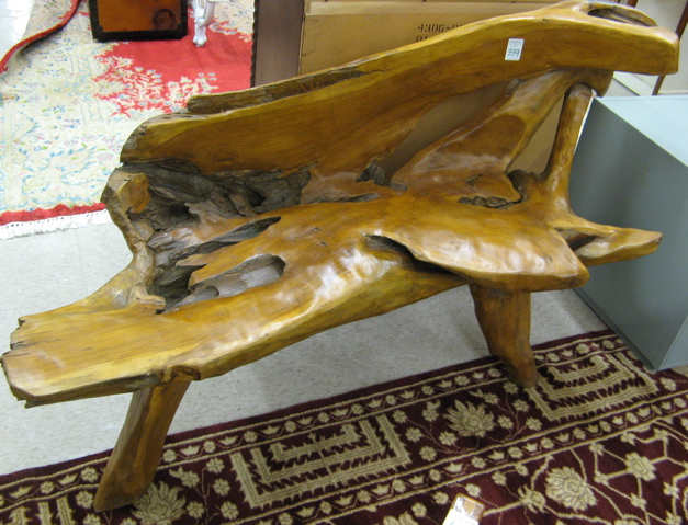 Appraisal: BURL TEAK ROOT BENCH hand crafted with one-piece back and