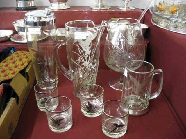 Appraisal: pcs Silver Overlay Glassware cocktail shaker martini pitchers tumblers duck