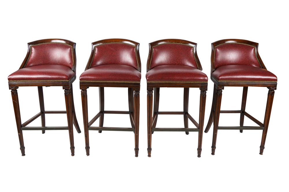 Appraisal: SET OF FOUR CARVED WOOD BAR STOOLSeach with printed faux