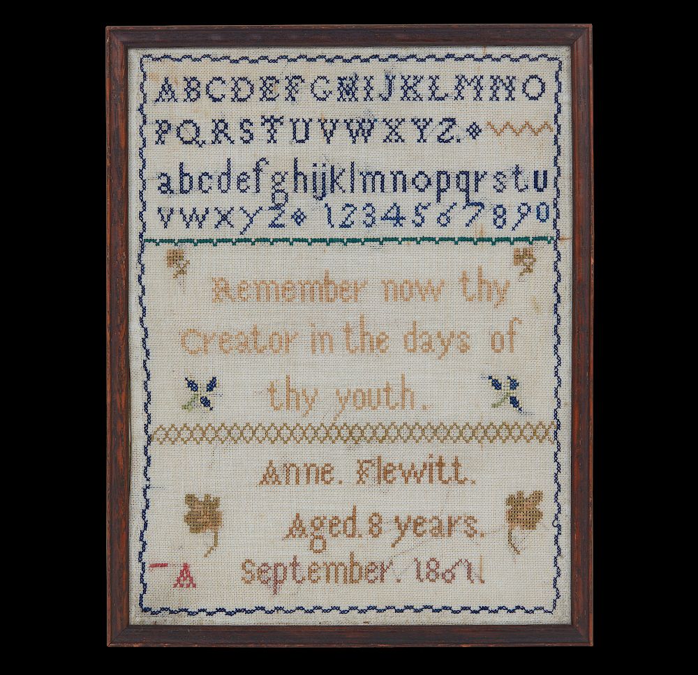 Appraisal: Sampler Framed sampler stitched by Anne Flewitt age years with