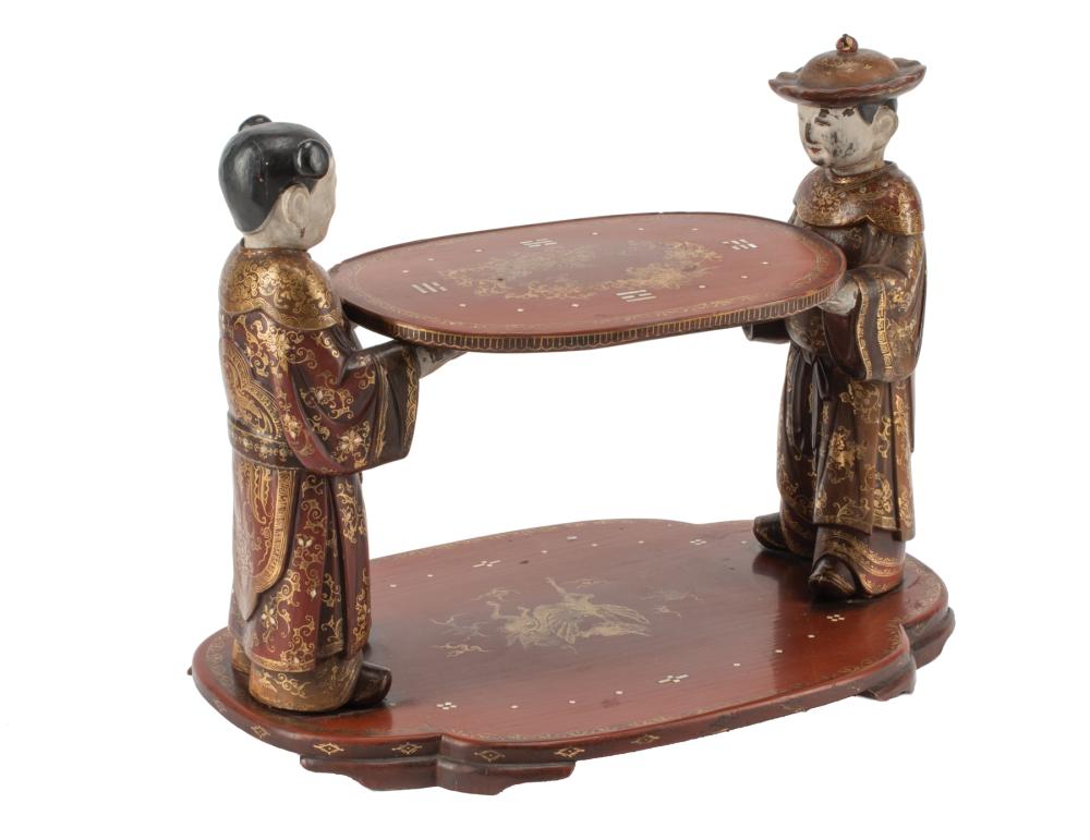 Appraisal: Asian Polychrome Painted and Mother-of-Pearl Inlaid Orange-Red Lacquer Table Stand