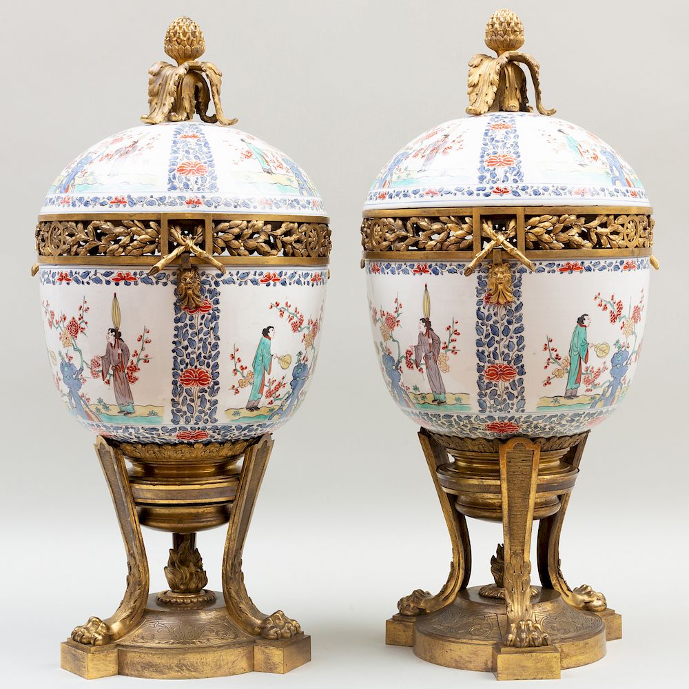 Appraisal: Pair of Large Gilt-Metal Mounted Samson Porcelain Potpourri Bases and