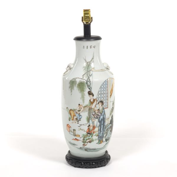 Appraisal: CHINESE PORCELAIN FAMILLE VERTE SIGNED PICTORIAL VASE AND LAMP BASE