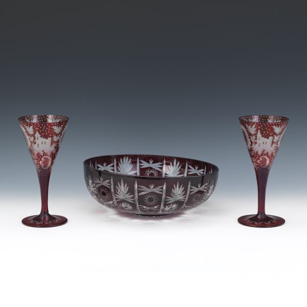 Appraisal: PAIR OF RUBY CUT TO CLEAR BOHEMIAN WINE GLASSES TH