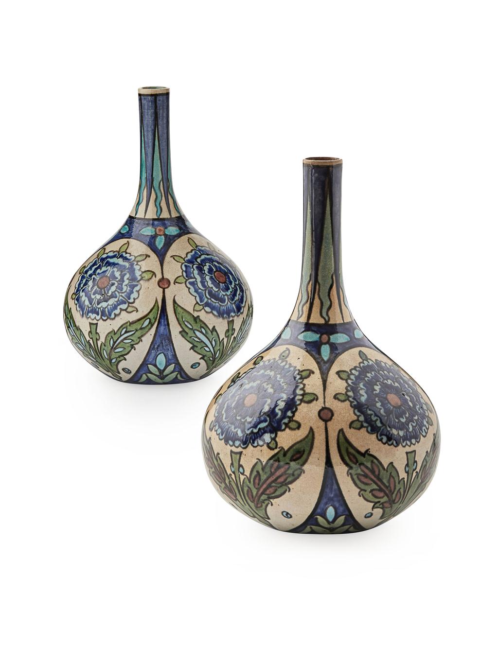 Appraisal: LEONARD KING FOR BURMANTOFTS POTTERY LEEDS PAIR OF FAIENCE BOTTLE