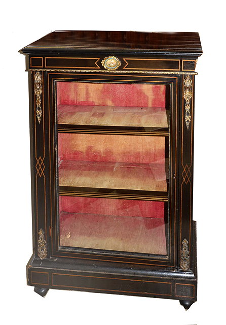 Appraisal: A LATE VICTORIAN EBONISED SIDE CABINET with inlaid decoration and