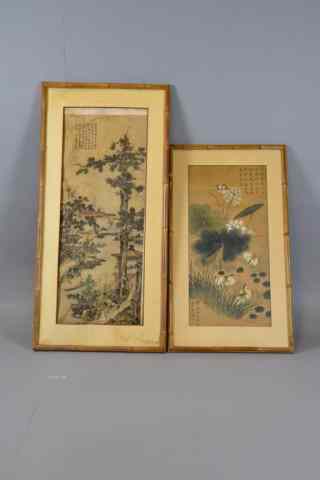 Appraisal: Framed Chinese Water Color ScrollsTwo watercolor scroll polychrome paintings one