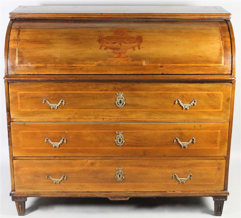 Appraisal: CONTINENTAL FRUITWOOD INLAID CYLINDER DESK th C having a rectangular