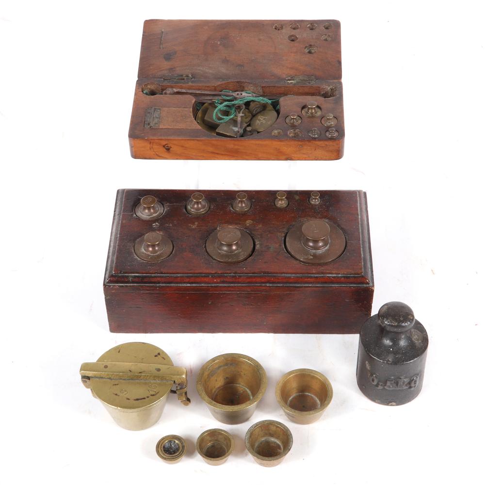 Appraisal: ANTIQUE COUNTER BALANCE WEIGHTS TWO SETS IN WOODEN BOX ONE