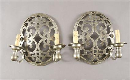 Appraisal: Pair of Arts and Crafts Pewter Two-Light Wall Sconces x