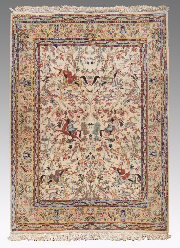 Appraisal: APPROX - YR OLD PERSIAN HUNT SCENE HAND KNOTTED WOOL