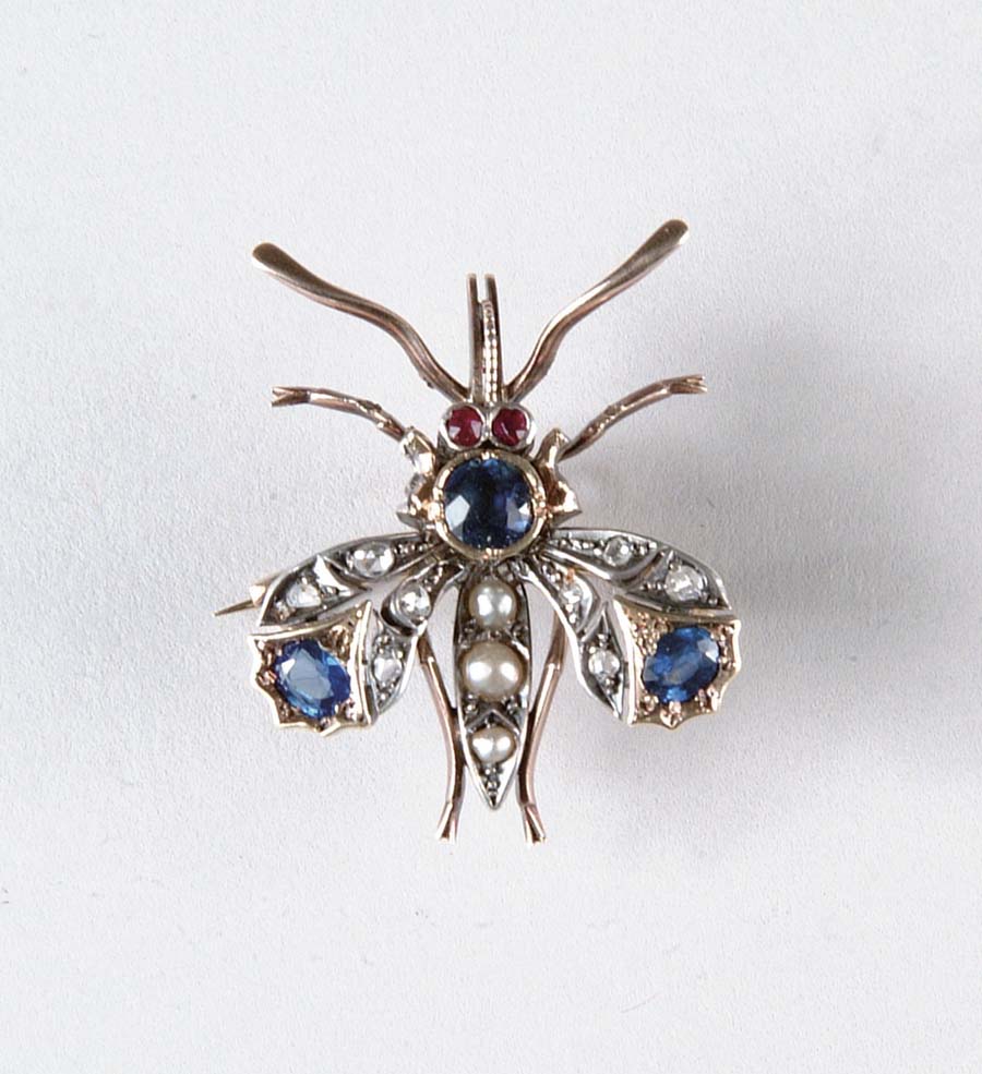 Appraisal: SOLID GOLD INSECT BROOCH OF SAPPHIRE DIAMOND PEARL RUBIES This