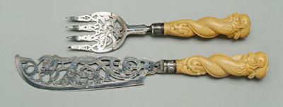 Appraisal: Carved ivory and silver fish set English silver ferules pierced