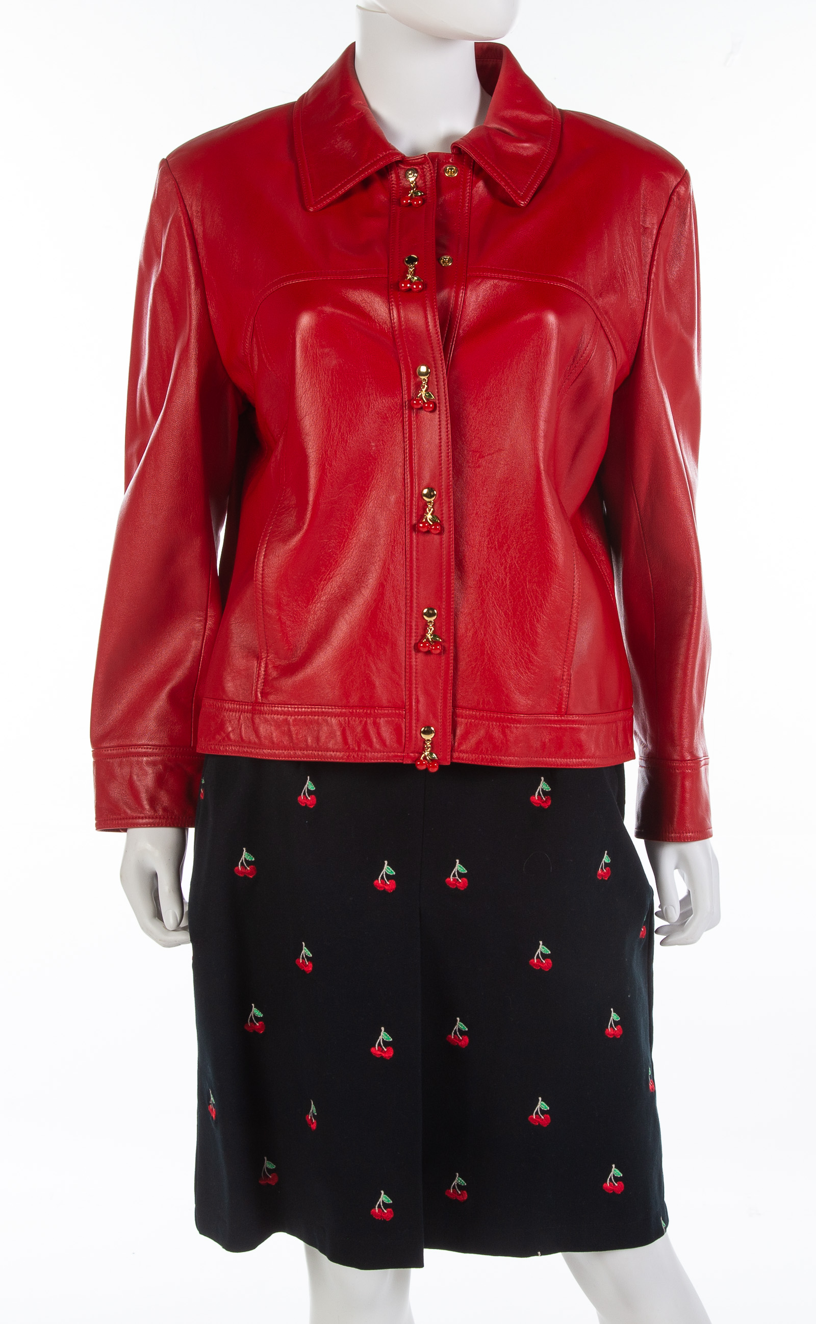 Appraisal: ST JOHN RED LEATHER JACKET WITH CHERRY SKIRT Jacket is