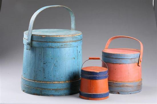 Appraisal: THREE SUGAR BUCKETS American th century Stave constructed with bentwood