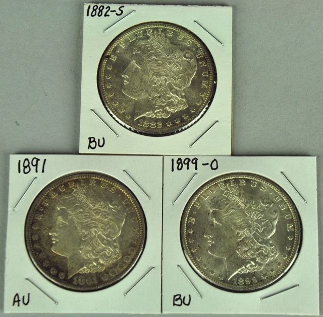 Appraisal: Three Morgan DollarsDates include -S BU AU and - BU