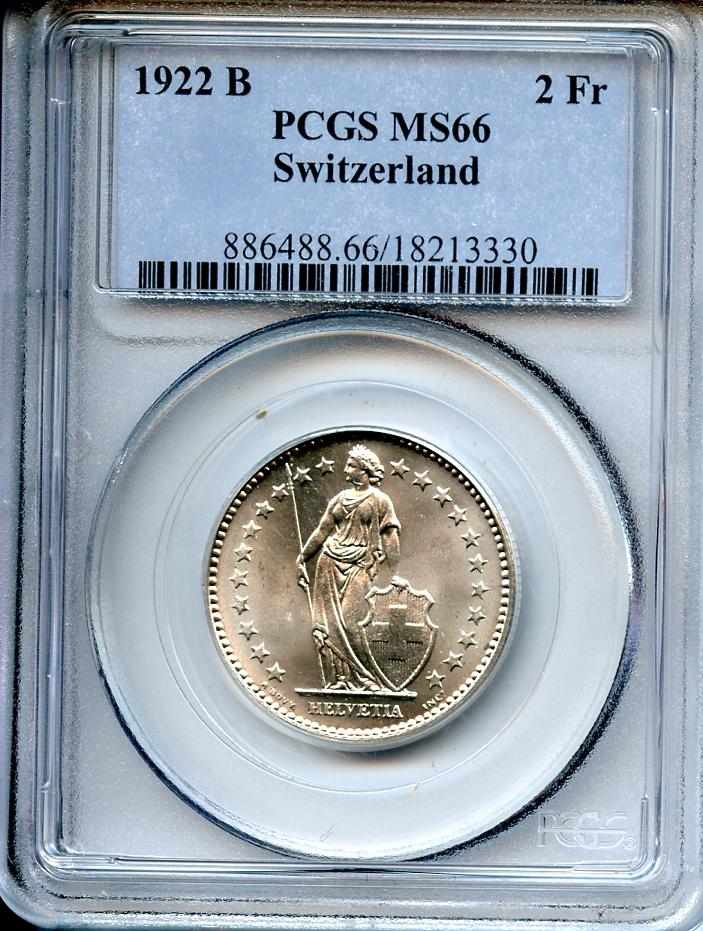 Appraisal: Switzerland B Francs MS PCGS KM- Smooth frosty surfaces with