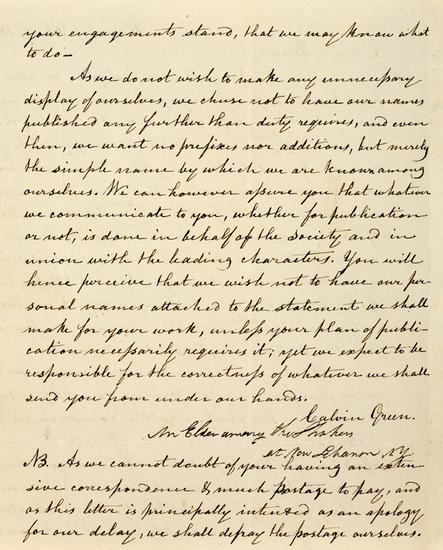 Appraisal: GREEN Calvin - Autograph letter signed by the Shaker theologian