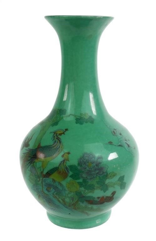 Appraisal: Chinese Copper green ceramic vase with Phoenix bird and duck