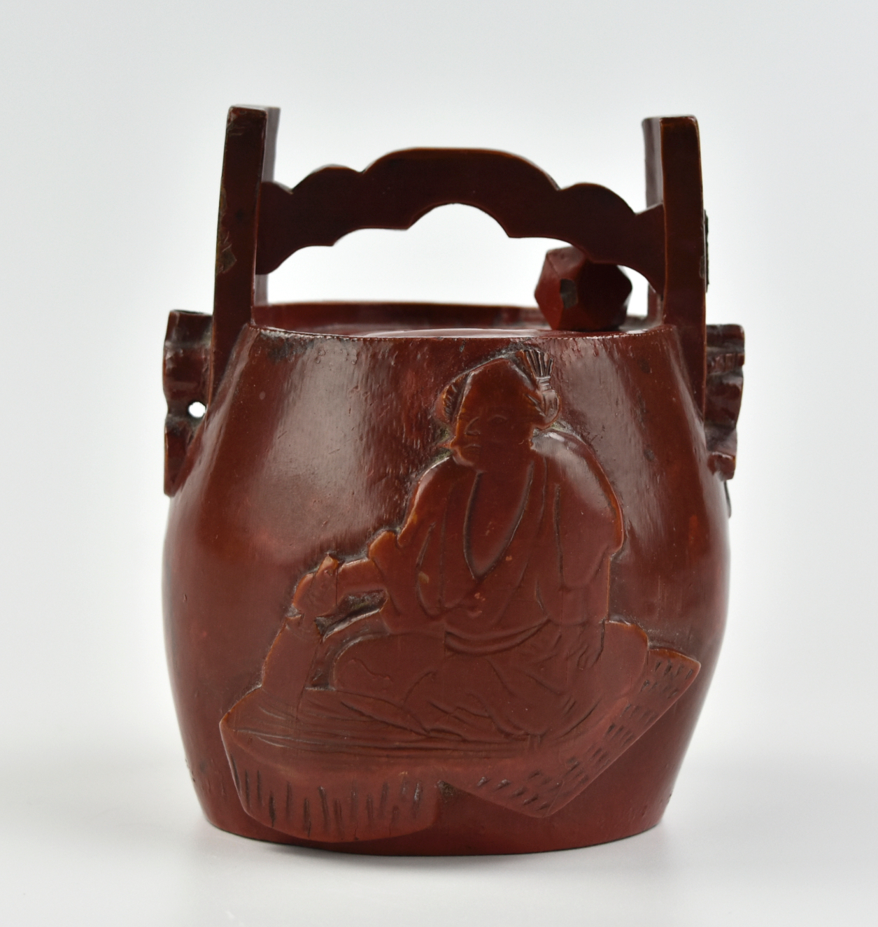 Appraisal: Red lacquer wood bucket carved with Chinese inscription and a